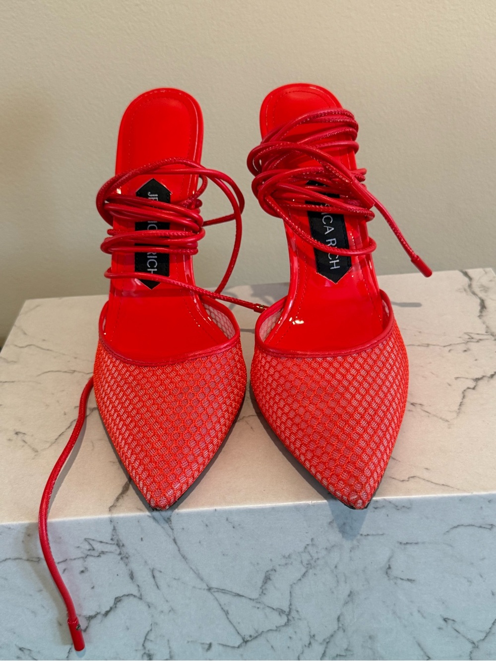 Red Lace-Up Pointed Toe Women's Heels